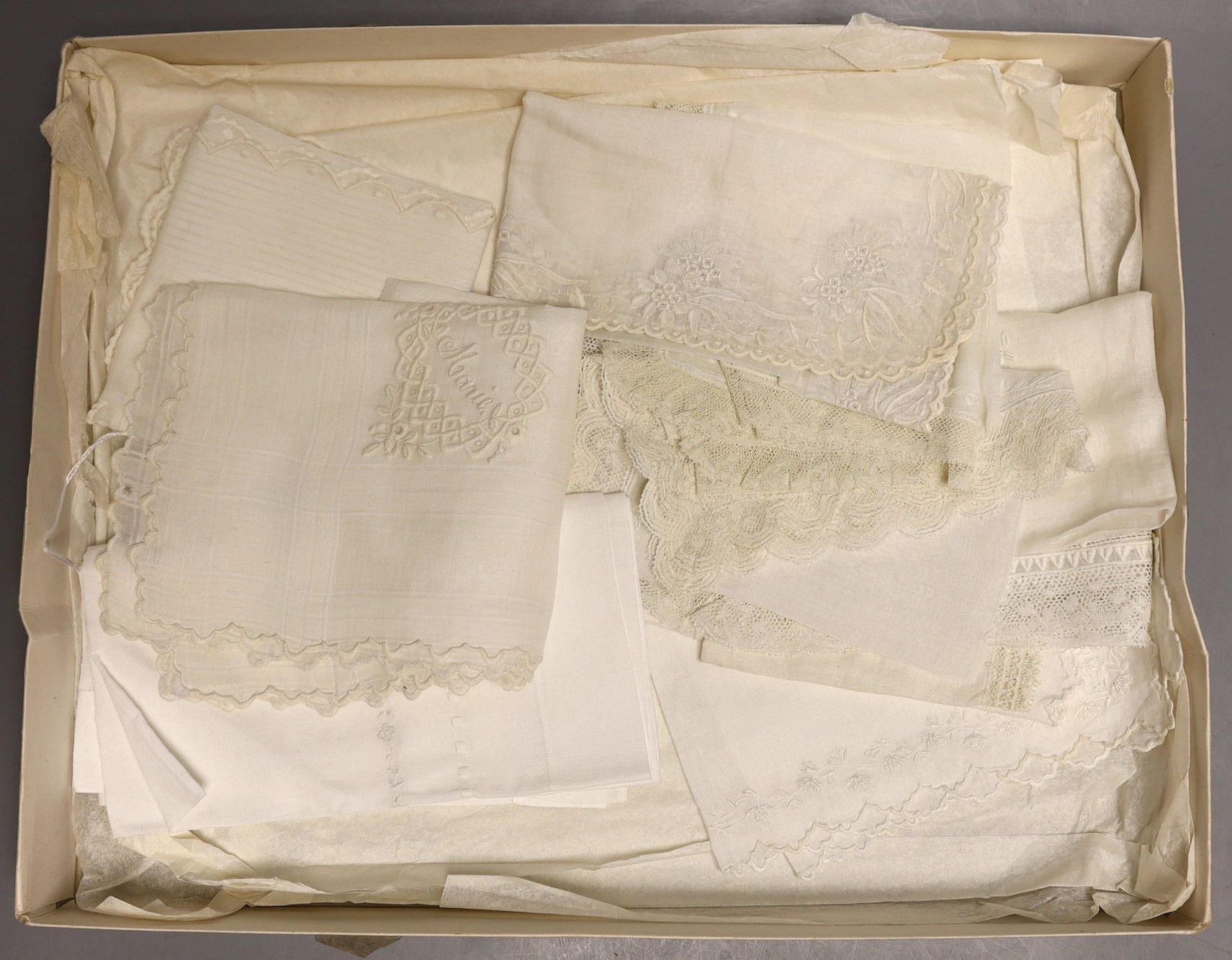 Ten mixed mostly 19th century hand white worked, some lace edged, hankies